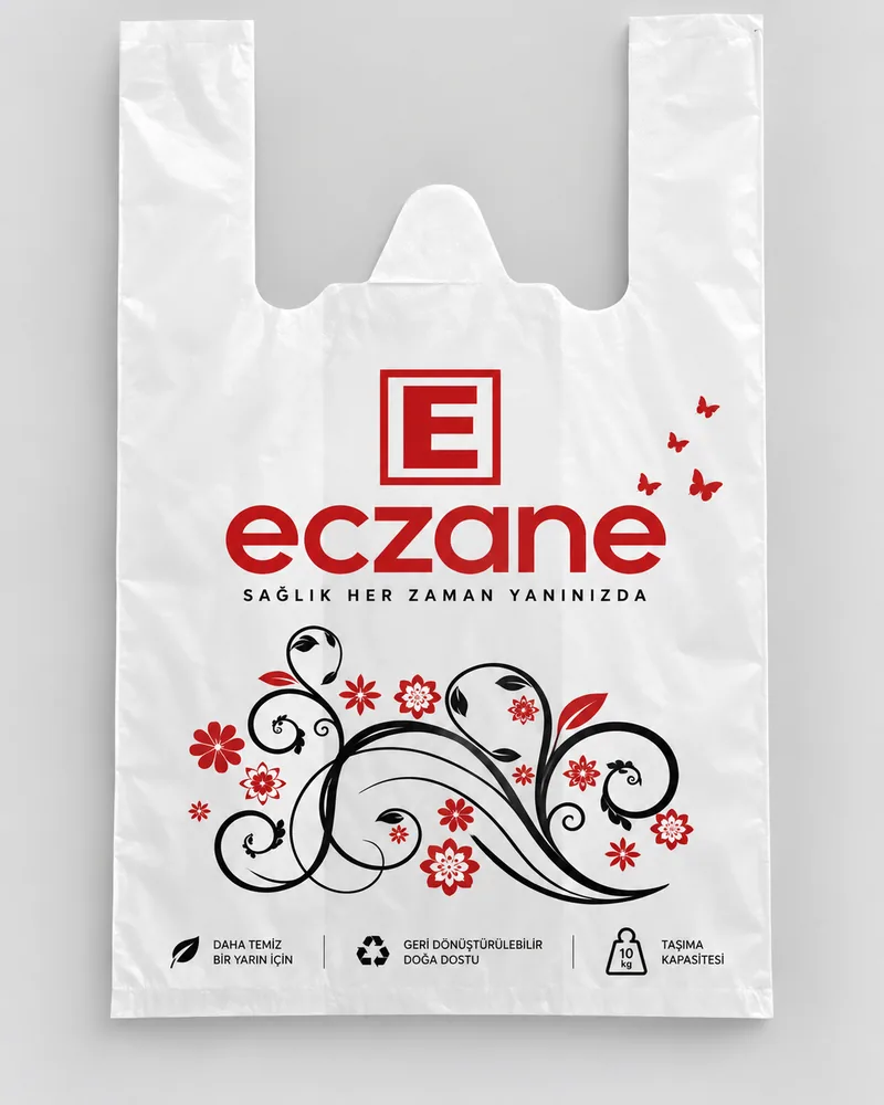 Atlet eczane poşeti 25×40 cm, askılı saplı, kırmızı eczane baskılı, Karasu Ecza Poşet