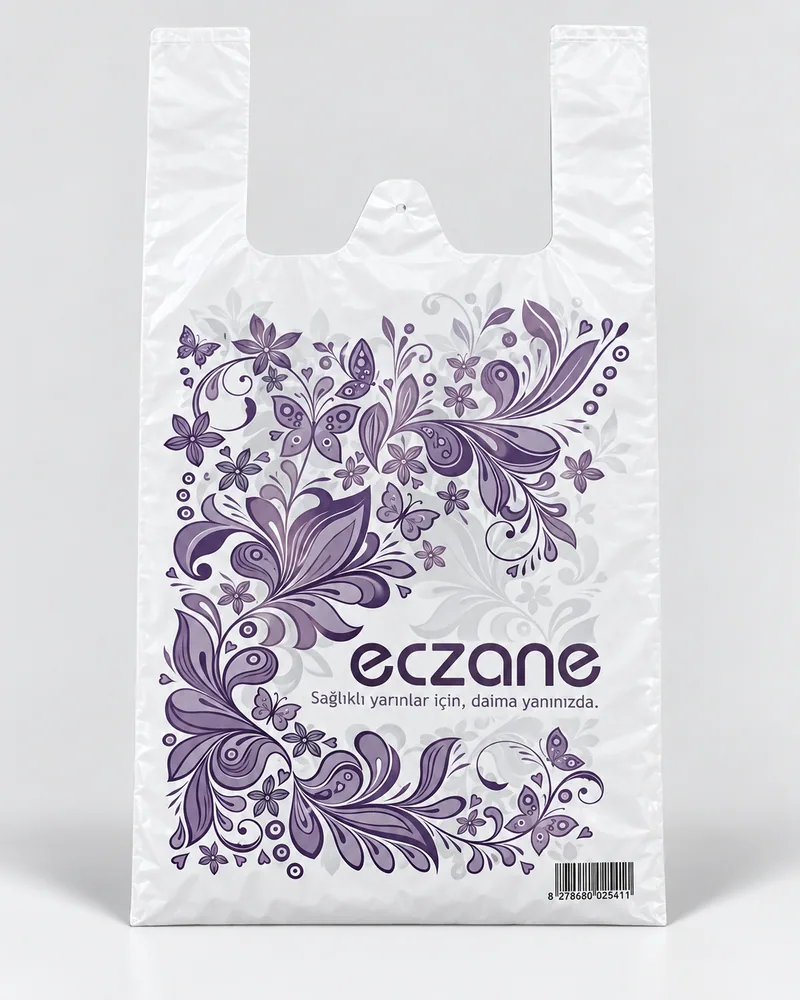 Büyük boy atlet eczane poşeti 30×60 cm, mor çiçek motifli, çocuk bezi ve süt için, Karasu Ecza Poşet