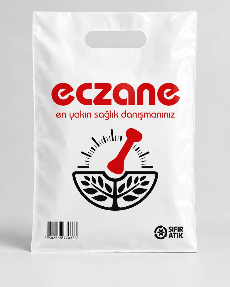 No-2 22×33 cm el geçme eczane poşeti, havan motifli kırmızı baskı, Karasu Ecza Poşet