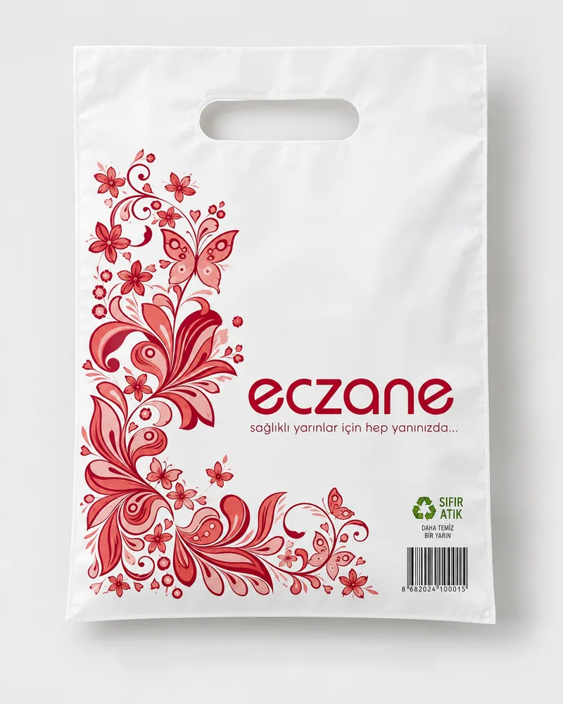 No-3 25×35 cm el geçme eczane poşeti, çiçek motifli kırmızı baskı, Karasu Ecza Poşet